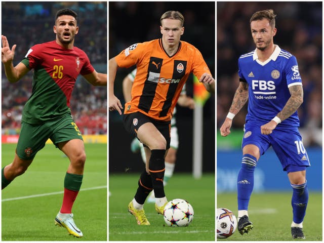 <p>Goncalo Ramos, Mykhaylo Mudryk and James Maddison are in-demand this January</p>