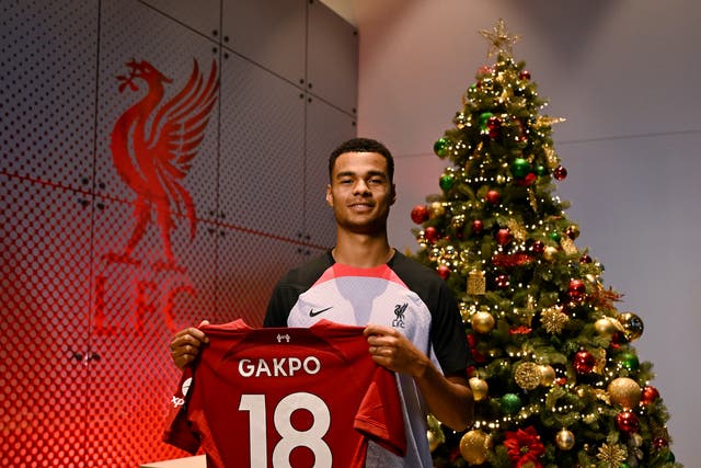 <p>Cody Gakpo poses with the Liverpool shirt</p>
