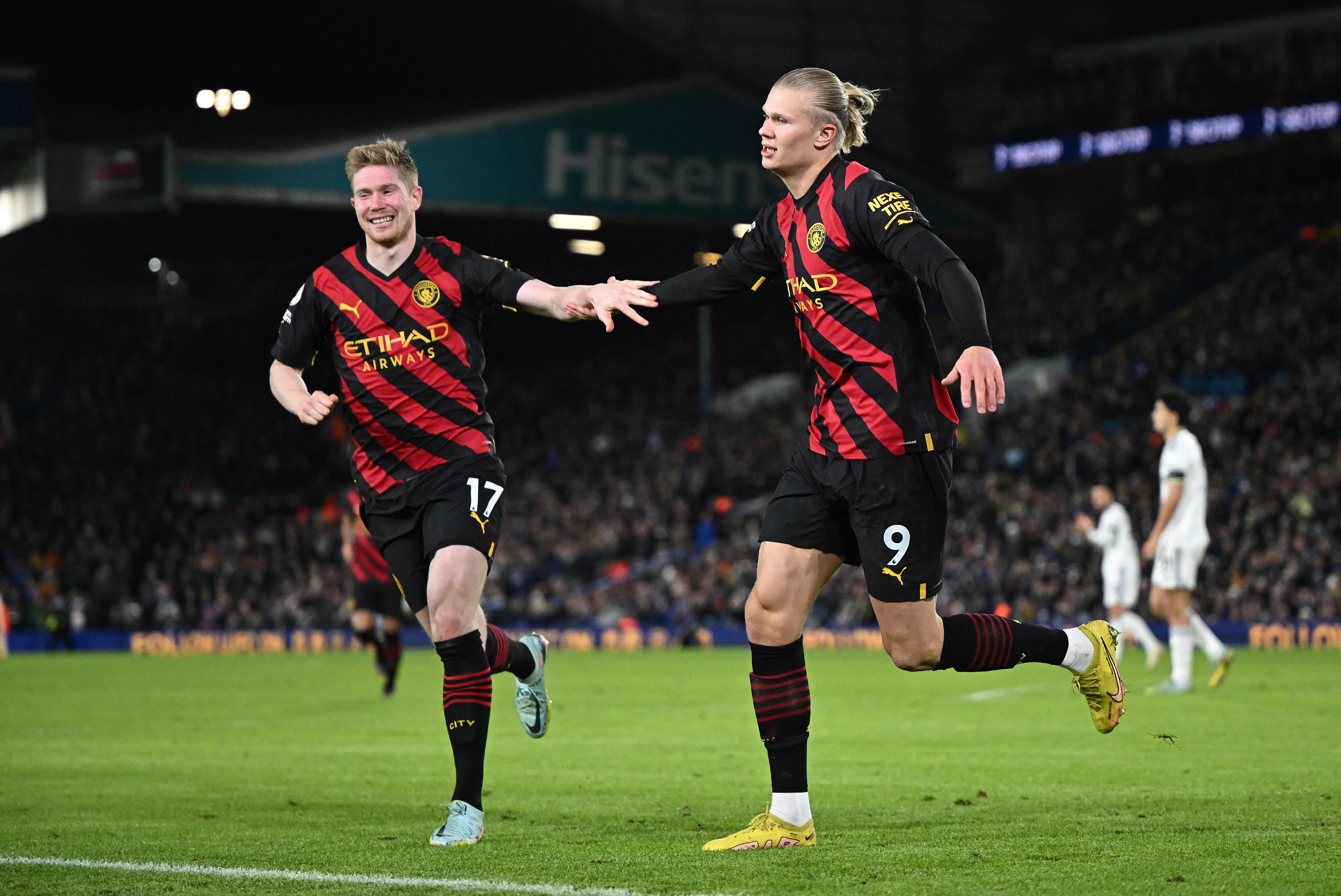 Erling Haaland celebrates scoring Manchester City’s second goal