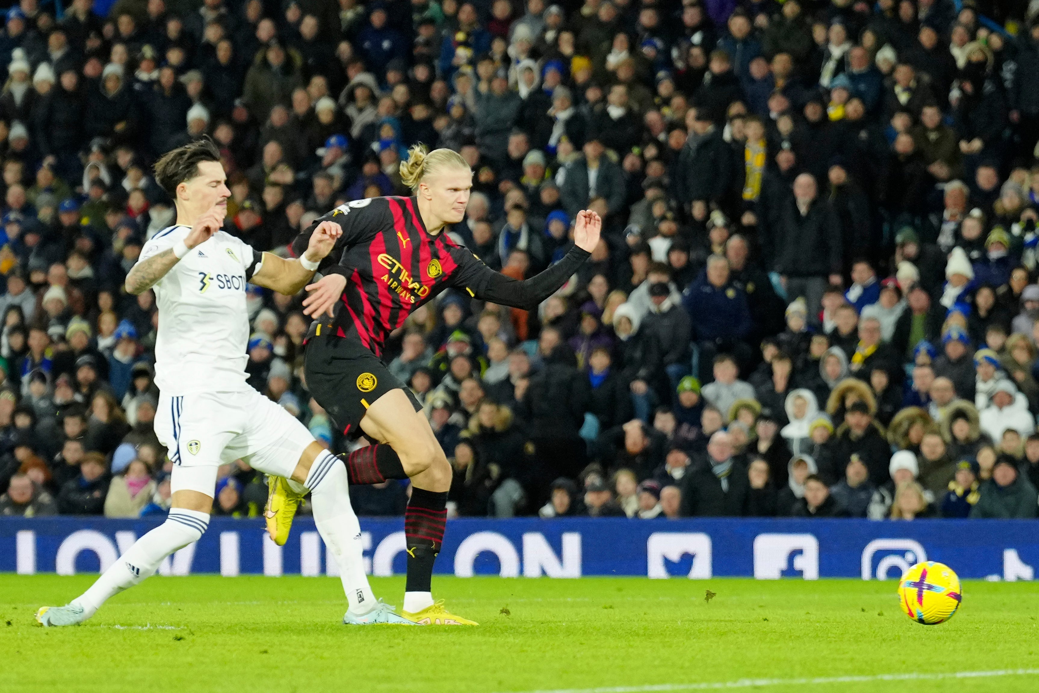 Erling Haaland slots home Manchester City’s second goal at Leeds