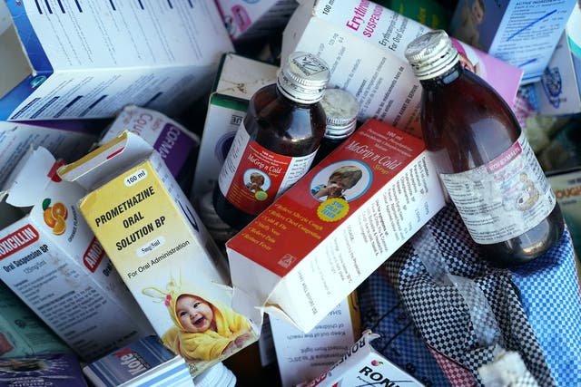 <p>A photograph shows collected cough syrups in The Gambia’s Banjul city on 6 October 2022</p>