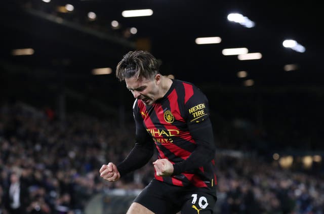 <p>Jack Grealish of Manchester City celebrates after setting up Haaland for his second goal against Leeds </p>