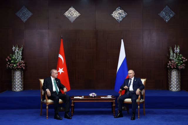 <p>Russian president Vladimir Putin meets with Turkey’s president Recep Tayyip Erdogan on the sidelines of the Sixth Summit of the Conference on Interaction and Confidence Building Measures in Asia (CICA) in Astana on 13 October 2022</p>