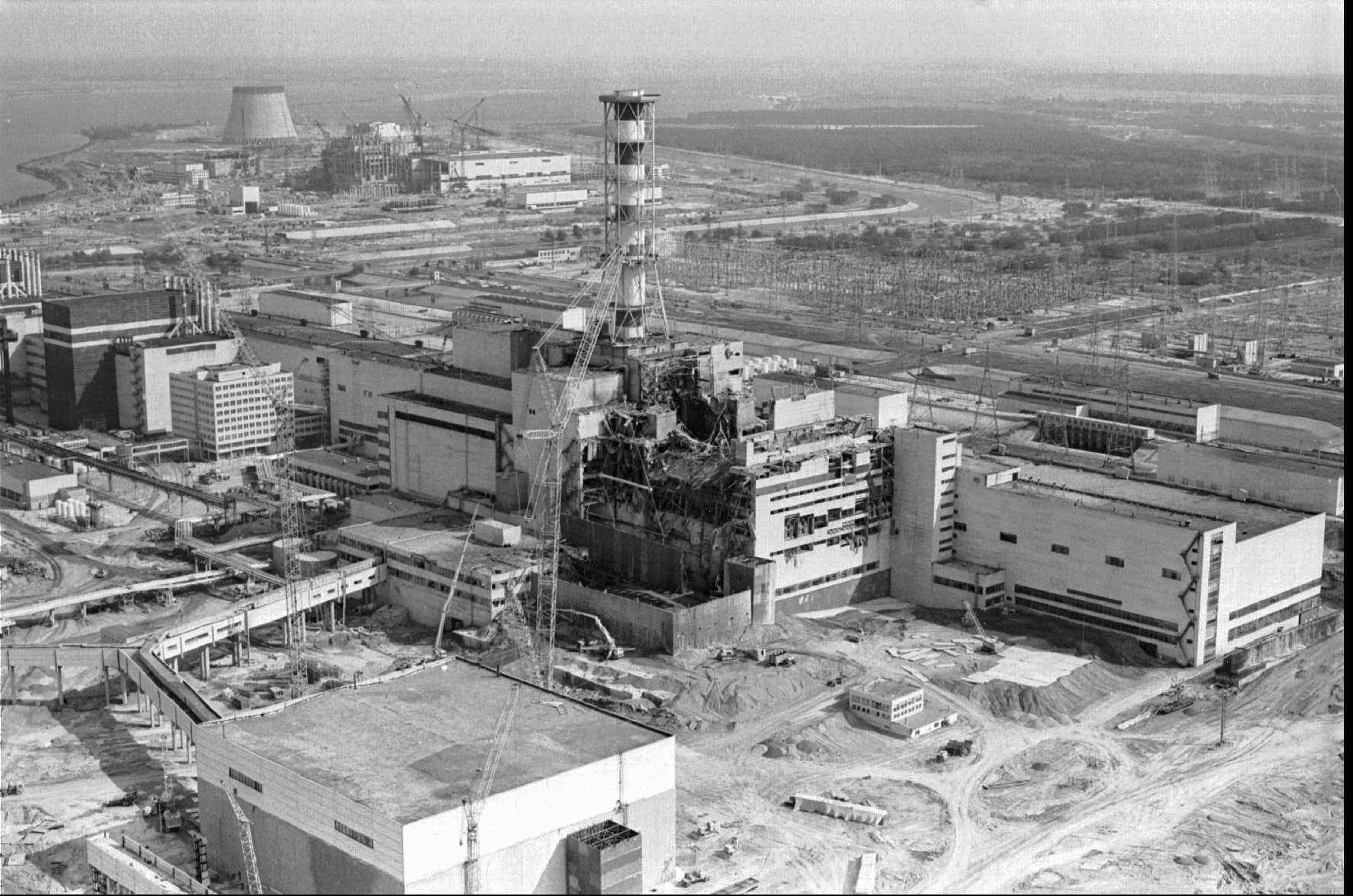 The Chernobyl nuclear plant showing damage from an explosion and fire in reactor four in 1986