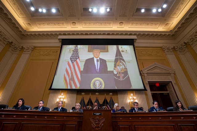 <p>Former US president Donald Trump is displayed on a screen during a meeting of the Select Committee to Investigate the January 6 attack on the US Capitol in the Canon House Office Building on Capitol Hill on 19 December 2022 in Washington, DC</p>