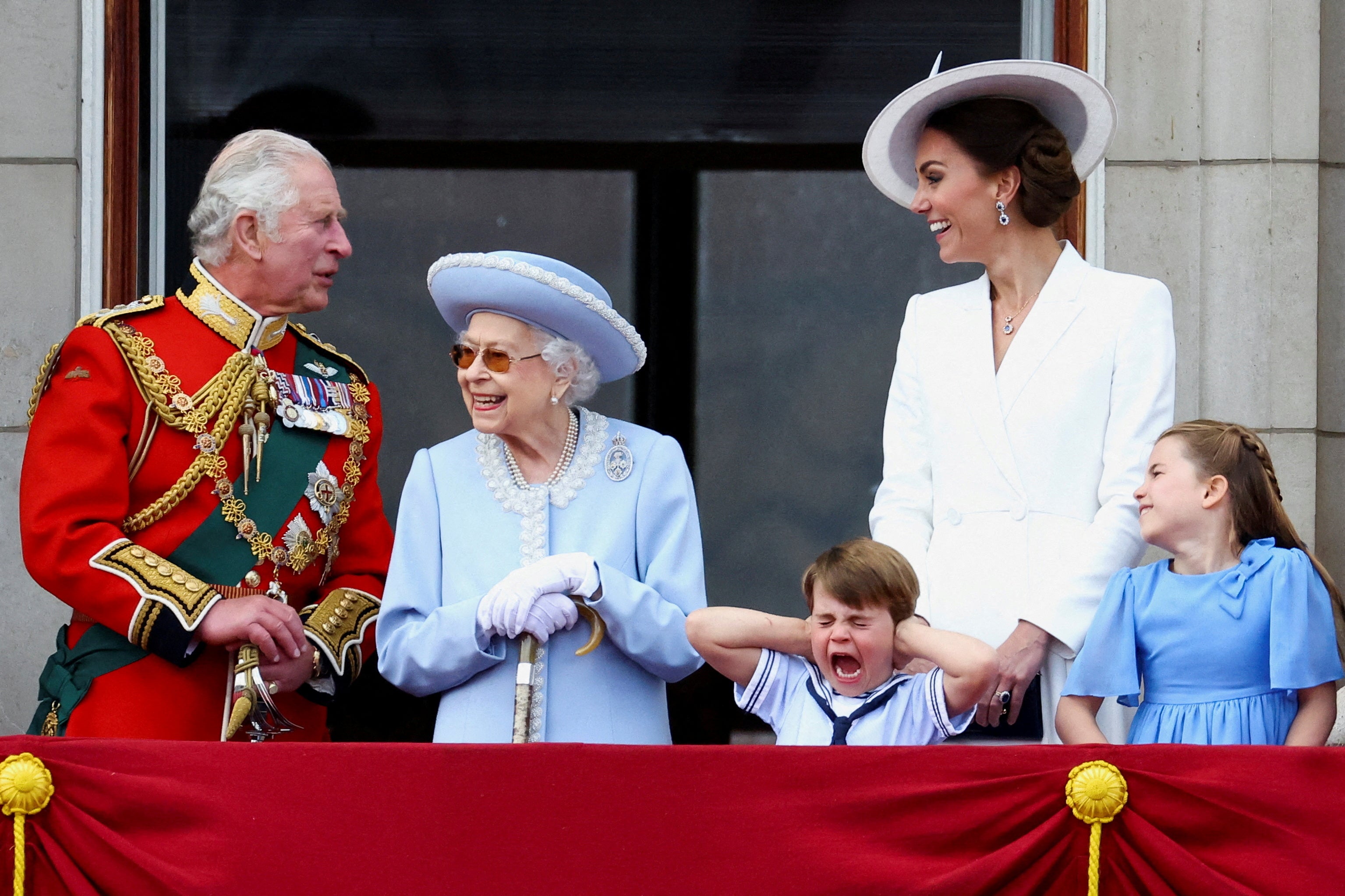 Queen Elizabeth II, Prince Charles and Catherine, Duchess of Cambridge, along with Princess Charlotte and Prince Louis appear on the balcony of Buckingham Palace as part of Trooping the Colour parade during the Queen's Platinum Jubilee celebration