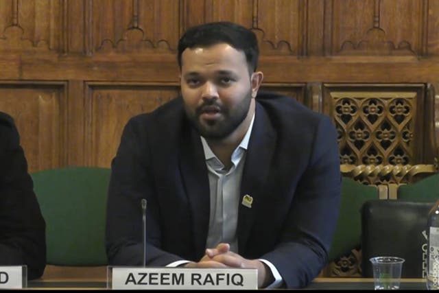 Former Yorkshire County Cricket Club cricketer Azeem Rafiq in front of the Digital, Culture, Media and Sport Committee at the House of Commons, London, on the subject of racism in cricket (House of Commons/PA)
