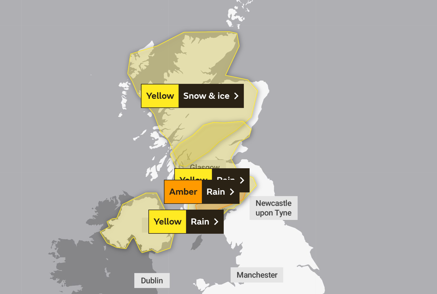 Four weather alerts have been issued across the UK for Friday, including warnings for heavy rain, flooding, snow and ice