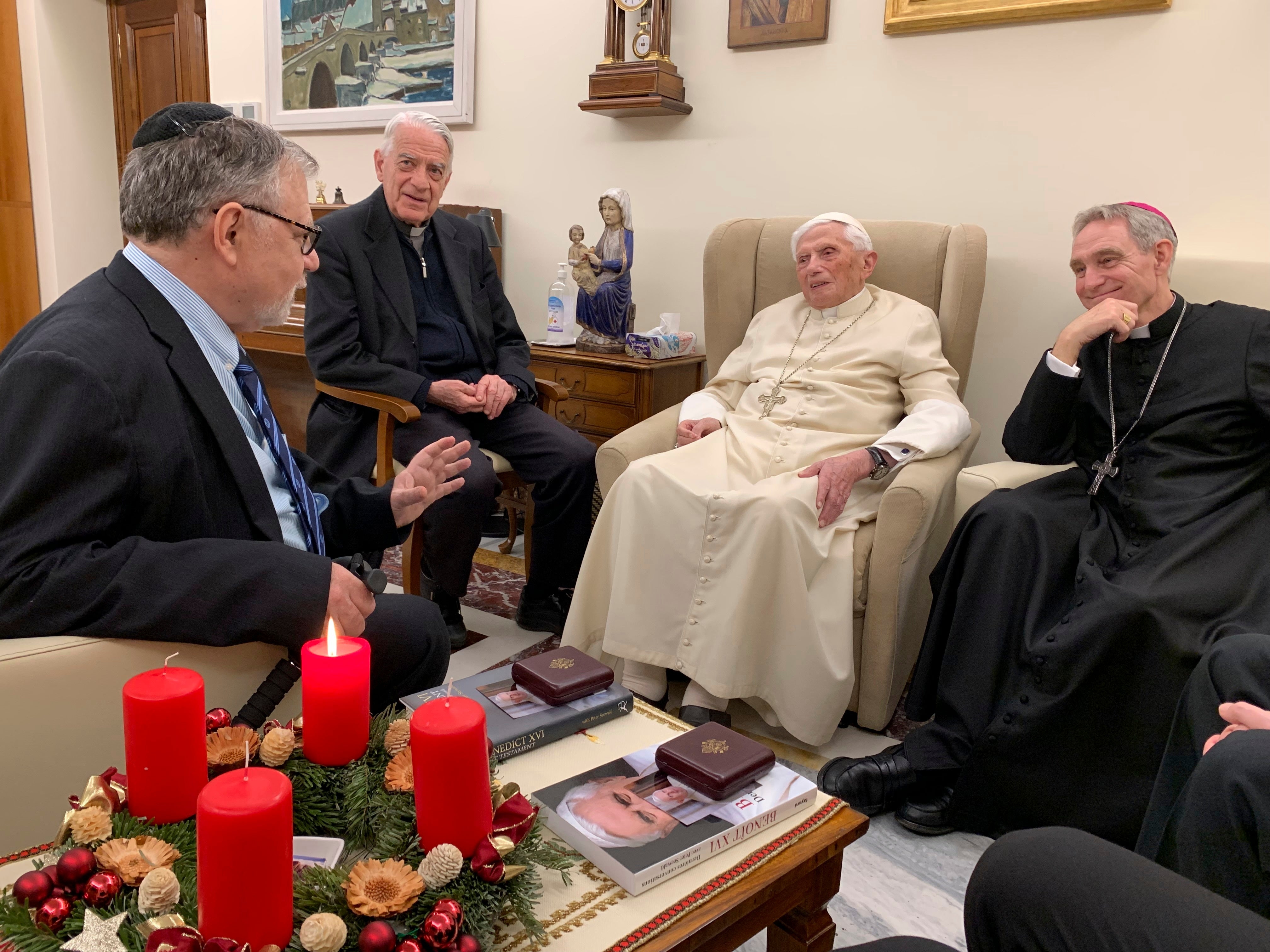 Pope Emeritus Benedict XVI, third from left, meets with the winners of the 2022 Ratzinger Prize earlier this month before he fell ill