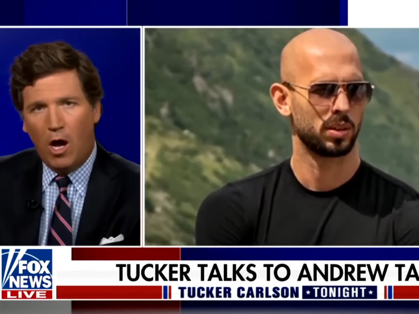 Tucker Carlson introduces an interview with Andrew Tate on 25 August 2022