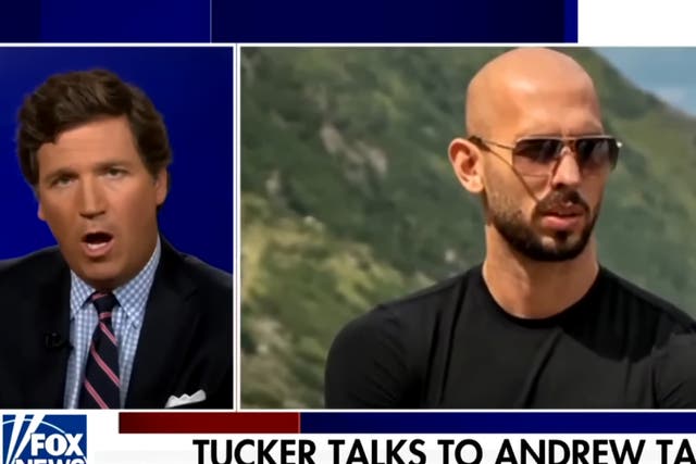 <p>Tucker Carlson introduces an interview with Andrew Tate on 25 August 2022</p>
