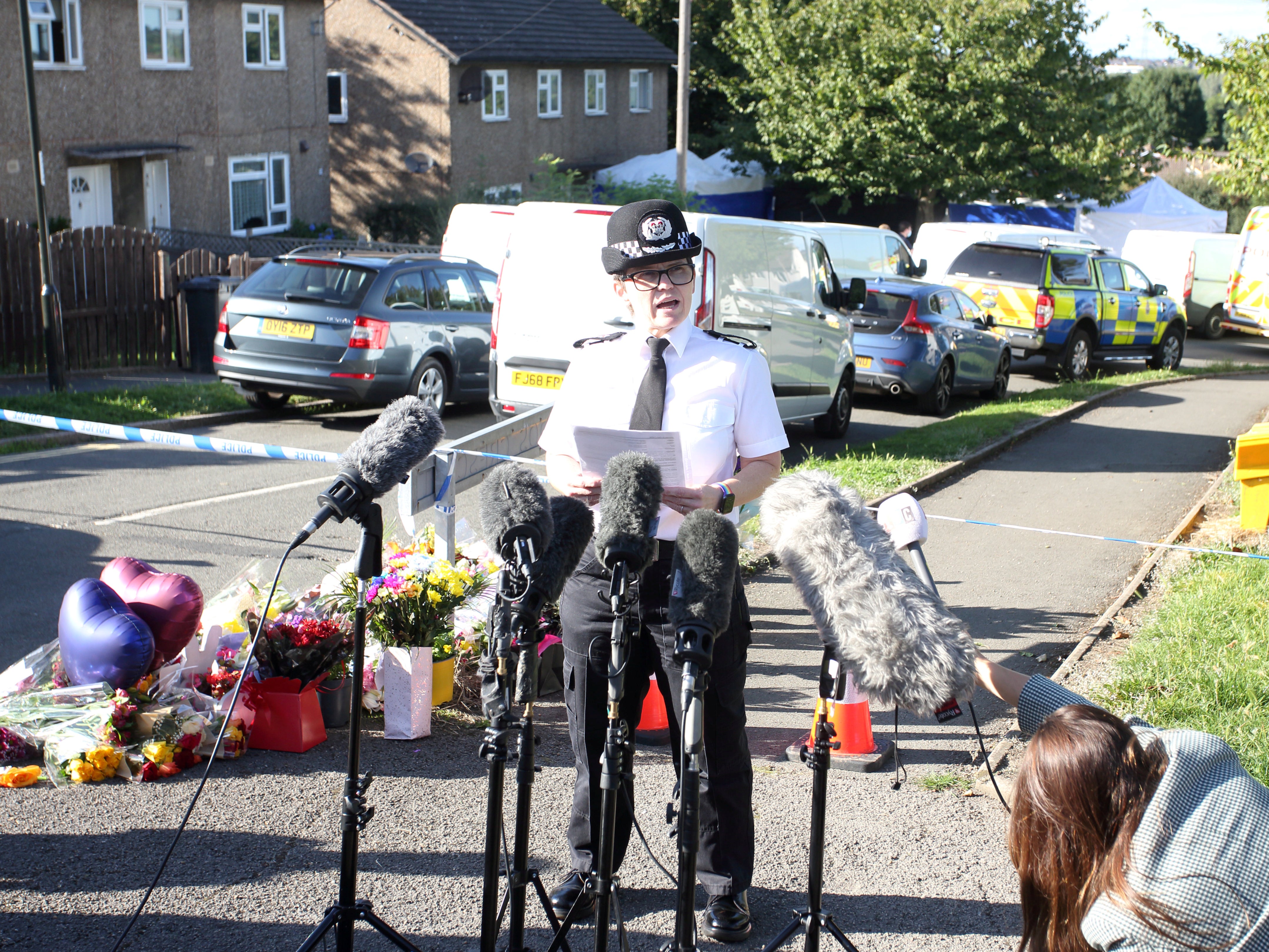 Chief Constable Rachel Swann of Derbyshire Police talks to the media at the murder scene