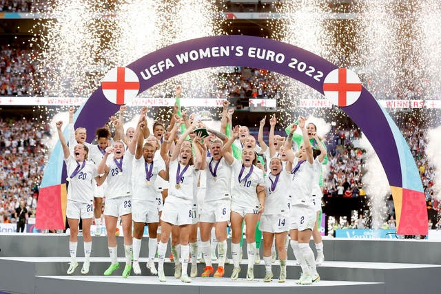 <p>England celebrate with the trophy at Wembley in 2022 </p>