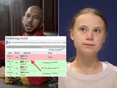 Andrew Tate’s kickboxing record edited on Wikipedia to show Greta Thunberg Twitter defeat
