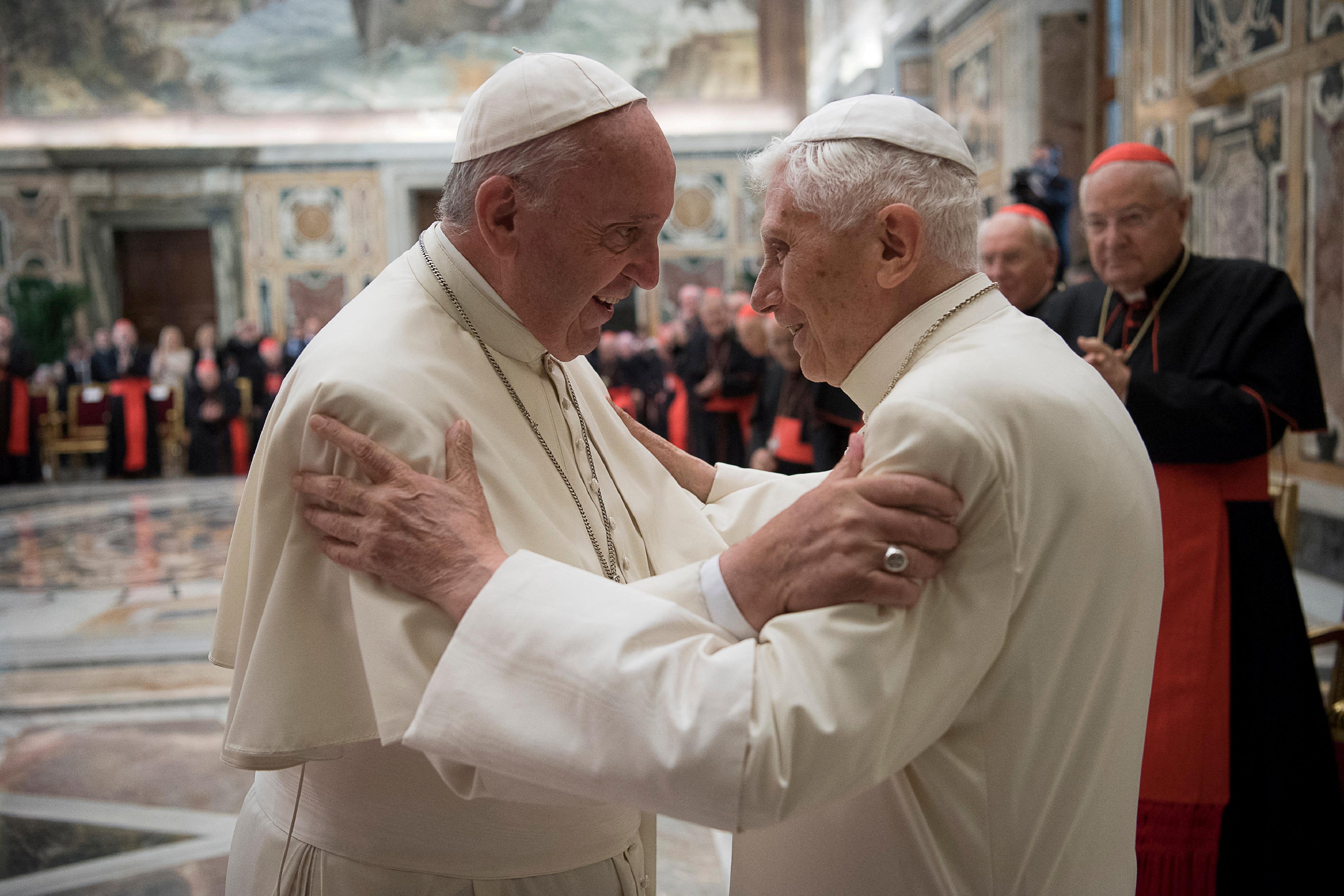 Benedict with Pope Francis during a ceremony to mark his 65th anniversary of ordination to the priesthood at the Vatican in 2016