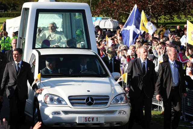 Pope Benedict XVI arriving at Bellahouston Park, Glasgow in 2010. (Andrew Milligan/PA)