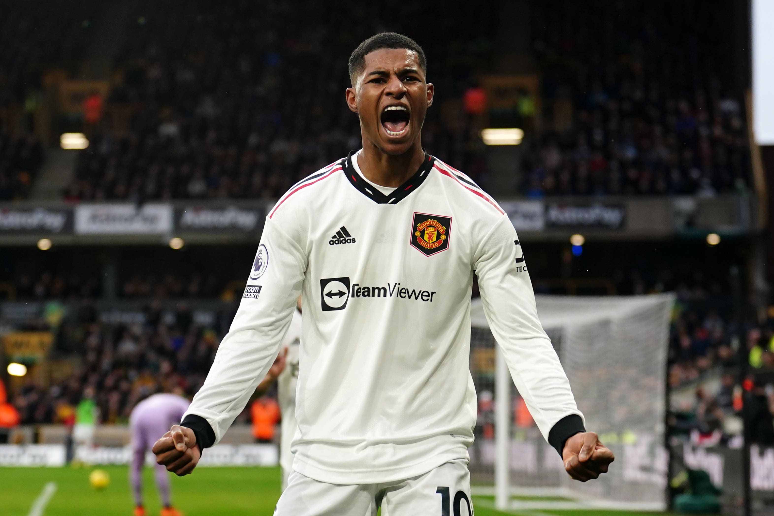 Manchester United’s Marcus Rashford celebrates his winner at Wolves. (David Davies/PA)