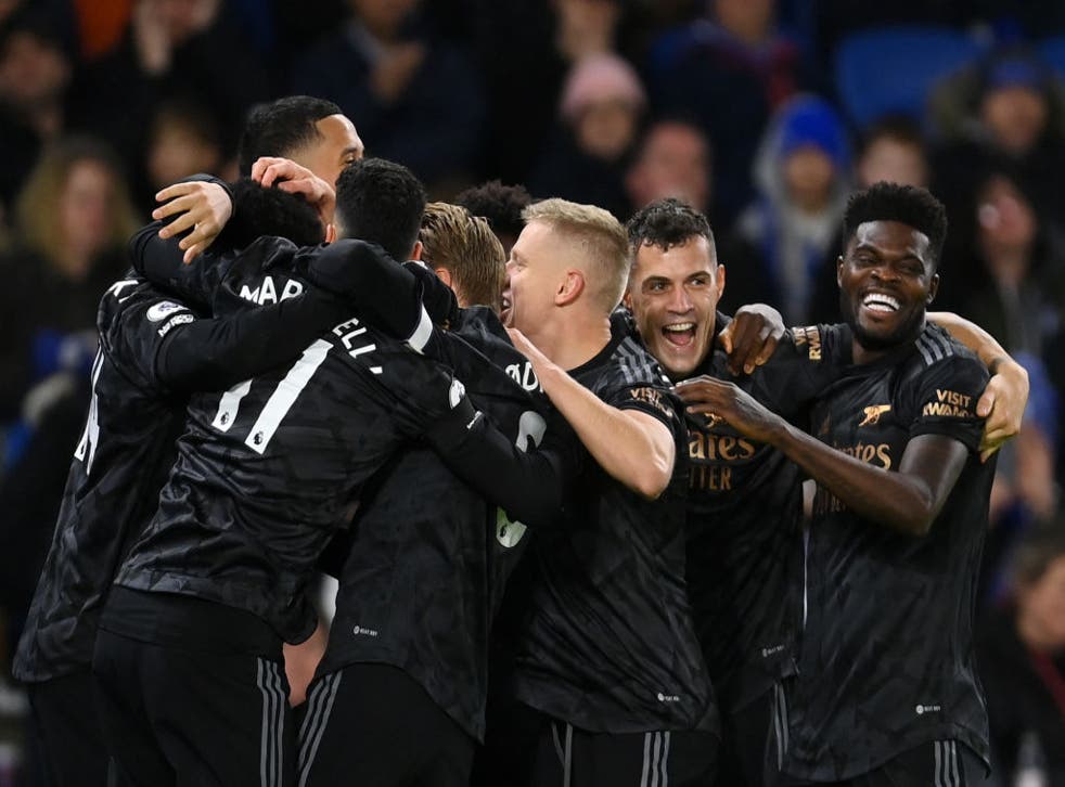 <p>Eddie Nketiah celebrates with teammates after scoring Arsenal’s third goal</p>