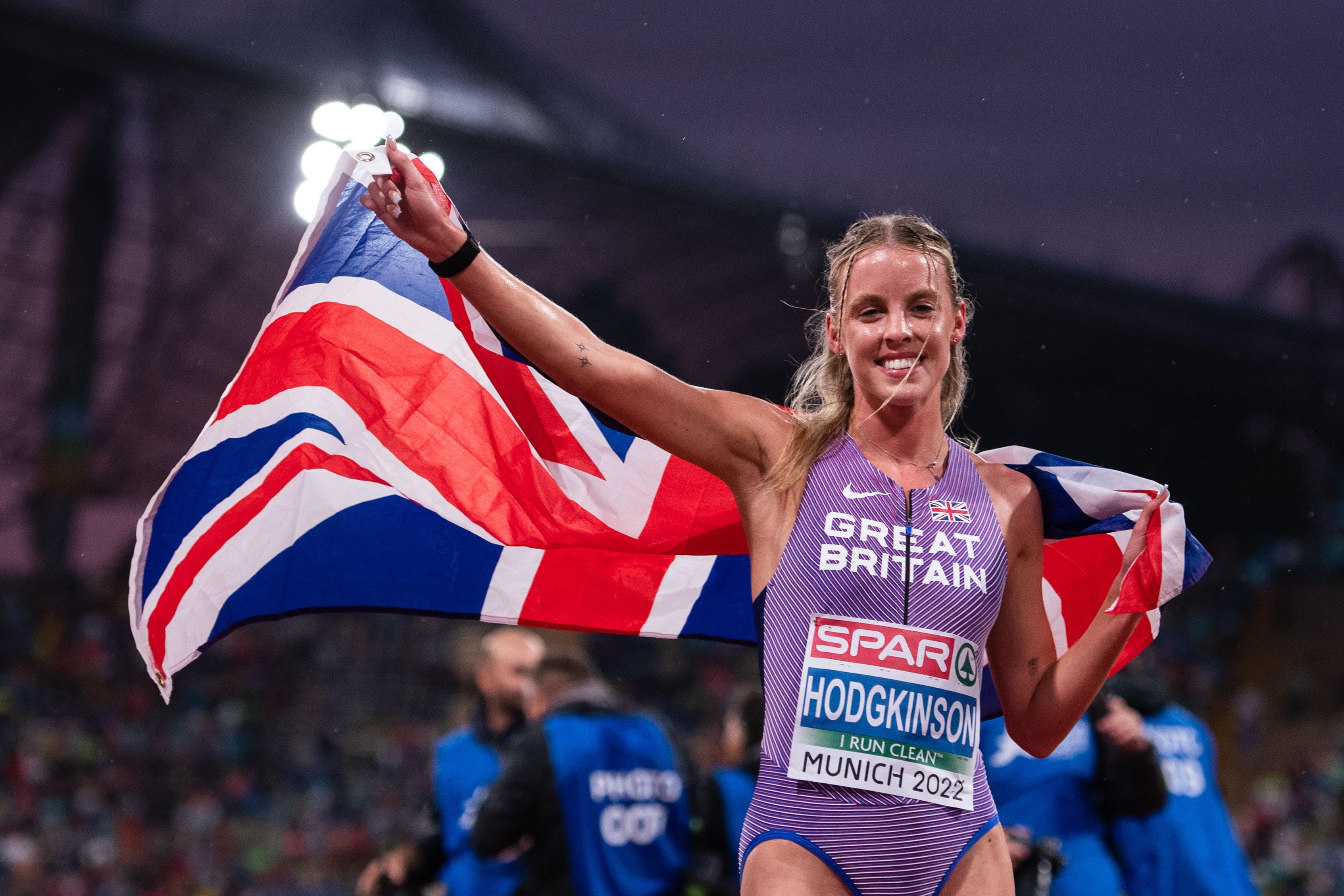 Great Britain’s Keely Hodgkinson celebrates her European title (Marius Becker/PA)