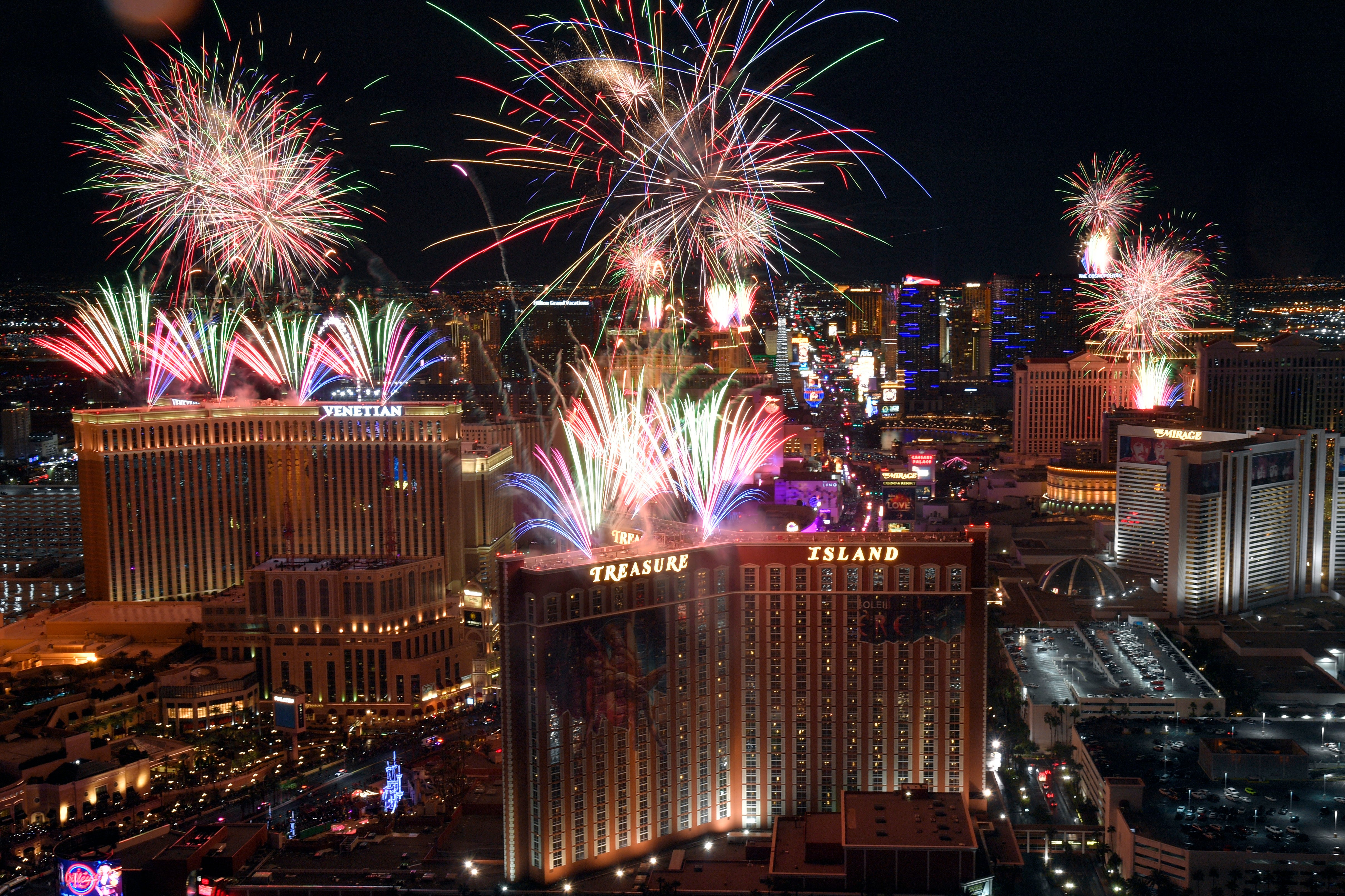 Fireworks explode over the Las Vegas Strip during the festivities