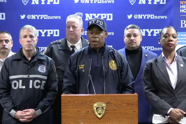 <p>New York City Mayor Eric Adams speaks during a late-night press conference on New Year’s Eve addressing an alleged machete attack against three officers.</p>