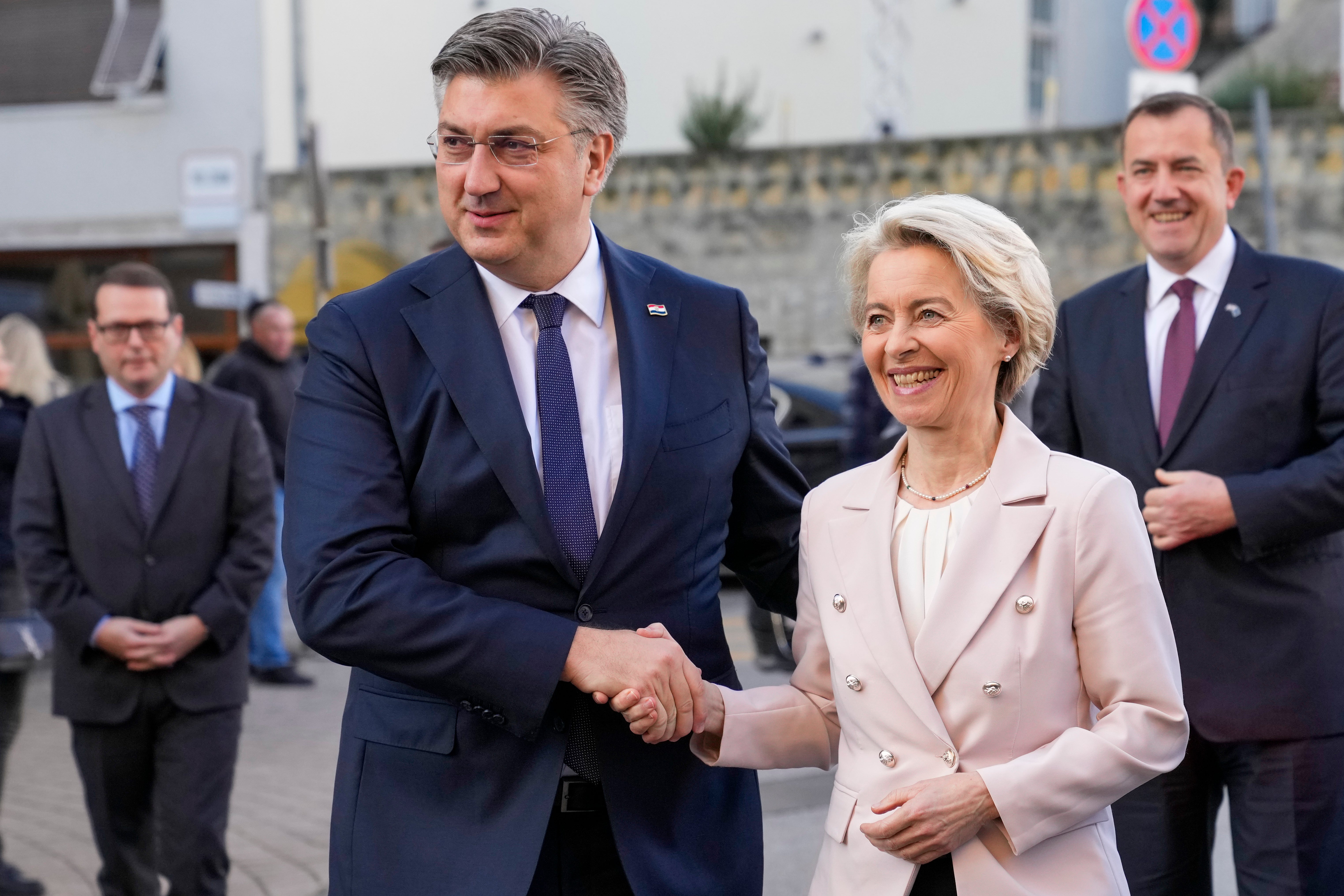 Croatia's Prim Minister Andrej Plenkovic shakes hands with Ursula von der Leyen, President of the European Commission, in Zagreb on January 1st