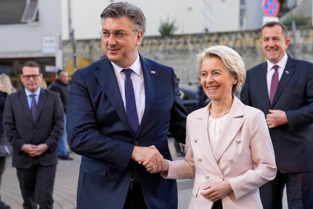 <p>Croatia's Prim Minister Andrej Plenkovic shakes hands with Ursula von der Leyen, President of the European Commission, in Zagreb on January 1st </p>