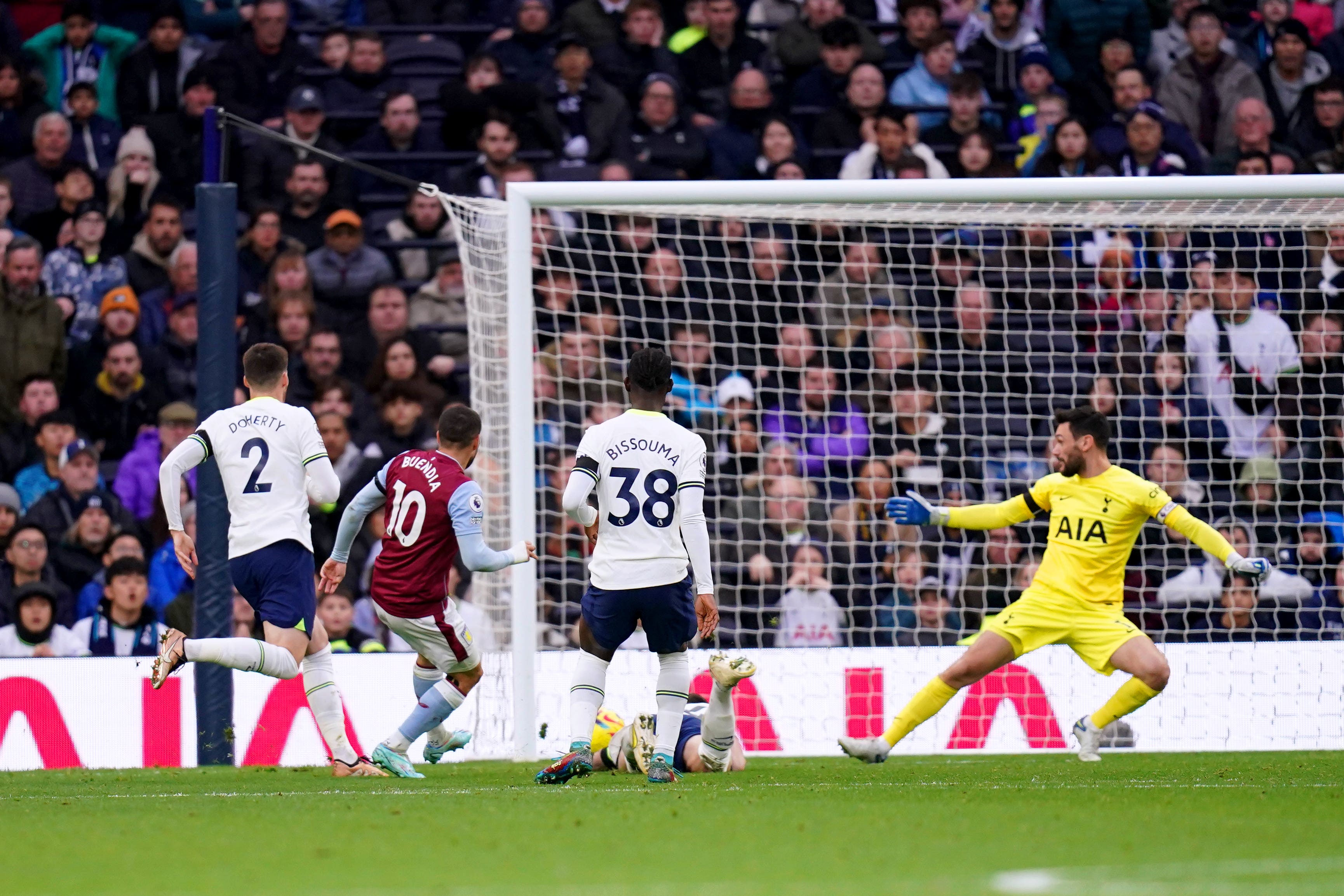 Emiliano Buendia fires Aston Villa ahead in their 2-0 win at Tottenham
