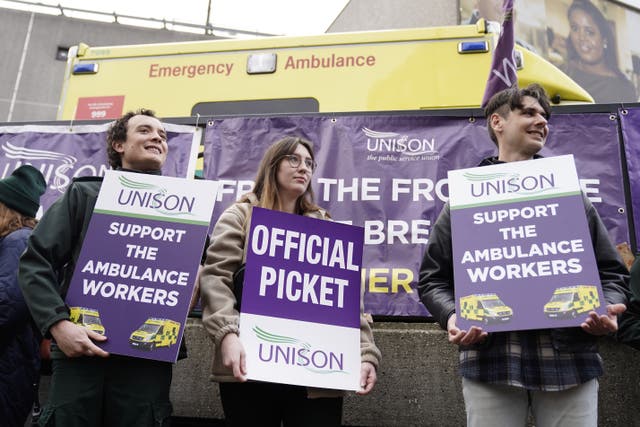 Ambulance workers on the picket line outside Waterloo ambulance station in London (Kirsty O’Connor/PA)