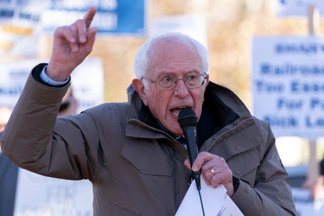<p>Sen Bernie Sanders speaking at a railroad workers rally </p>