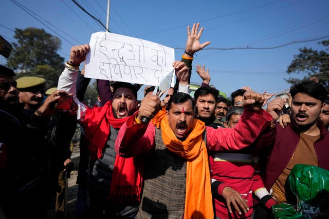 <p>Activists of right wing Hindu group Rashtriya Bajrang Dal, reacting to the militant attack in the southern Rajouri district of Indian-controlled Kashmir shout slogans during a protest in Jammu</p>
