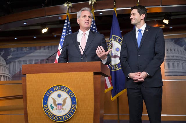 <p>Speaker Kevin McCarthy and former Speaker Paul Ryan at a press conference </p>