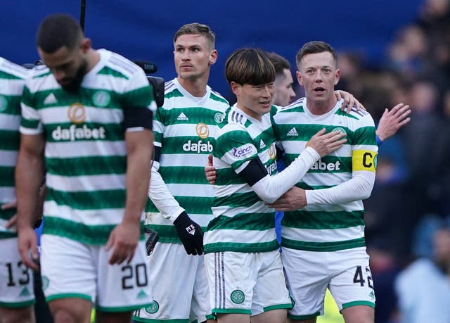 <p>Celtic's Callum McGregor (right) and Kyogo Furuhashi celebrate</p>