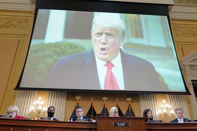 <p>File. A video of former President Donald Trump speaking on 6 January 2021, plays as the House select committee investigating the 6 January attack on the US Capitol holds a hearing at the Capitol in Washington, 21 July 2022</p>