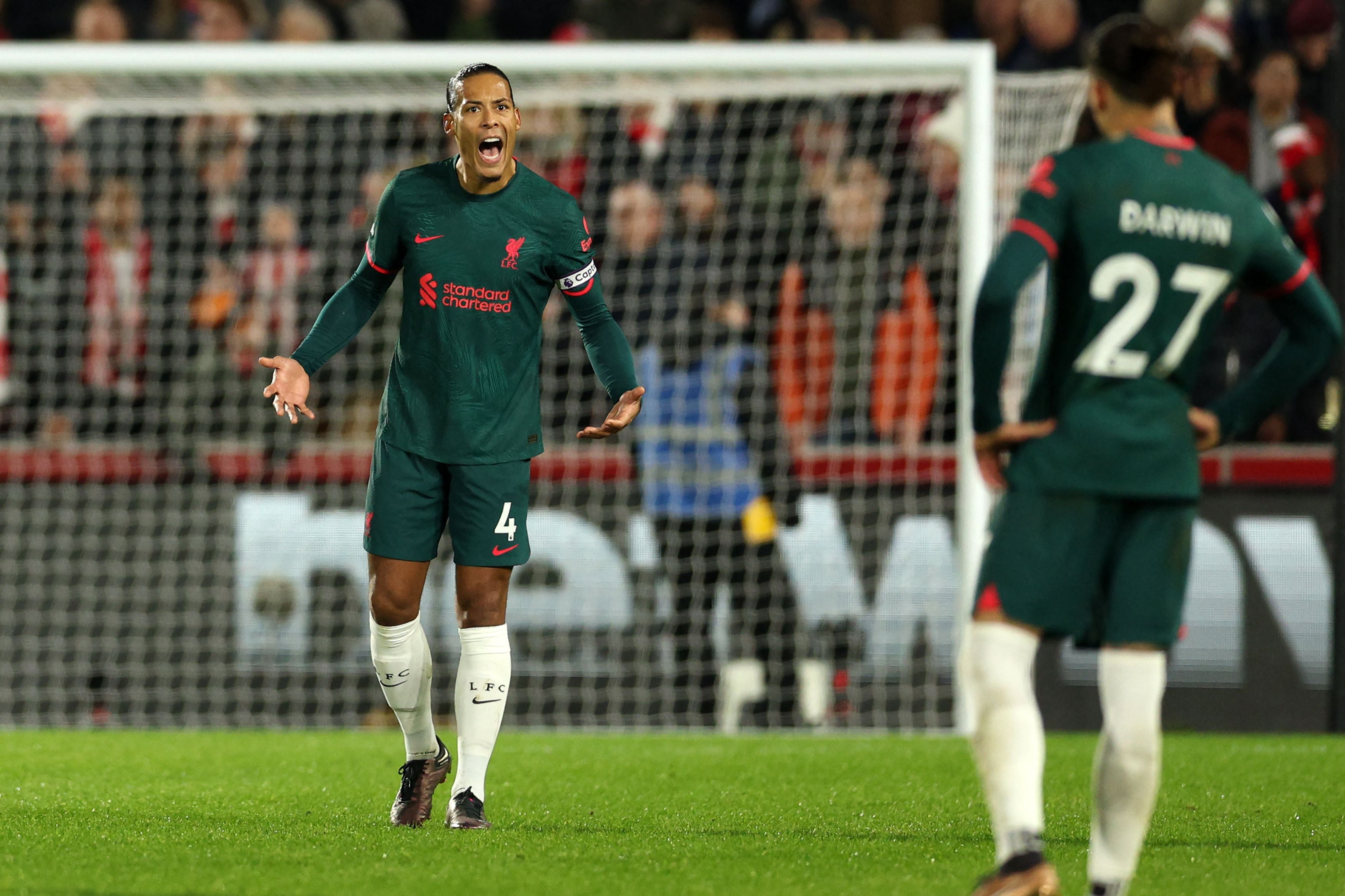 Virgil van Dijk reacts after Liverpool conceded a second goal at Brentford