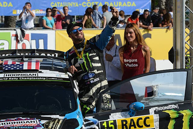 <p>File Ken Block of USA in the final podium of Salou during Day Three of the WRC Spain on 26 October 2014</p>