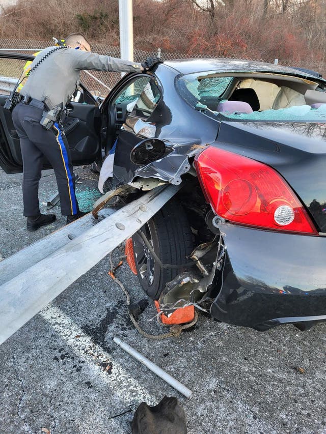 <p>A steel guardrail impaled a car in a crash near Manchester, Connecticut</p>