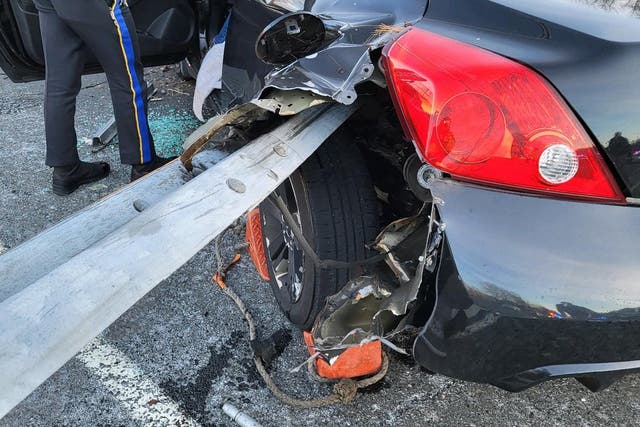 <p>A steel guardrail impaled a car in a crash near Manchester, Connecticut</p>