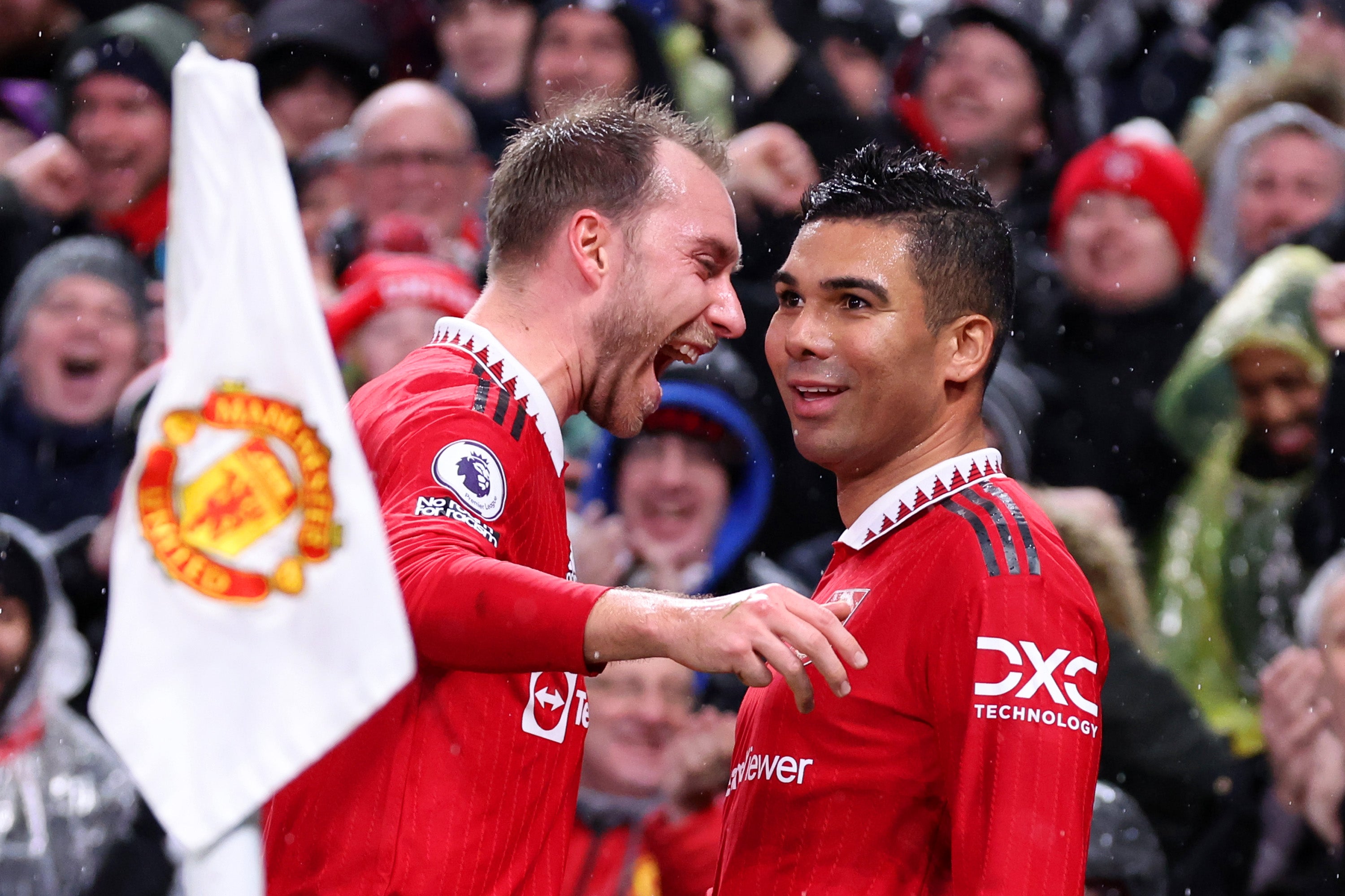 Casemiro of Manchester United celebrates after scoring the team's first goal with teammate Christian Eriksen