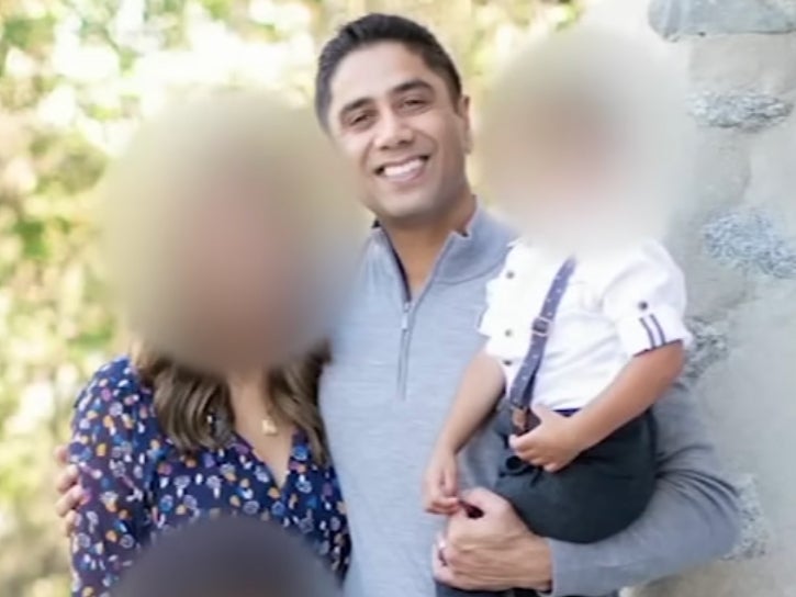 Dharmesh Patel, pictured with his wife and children, is facing attempted murder and child abuse charges after authorities say he deliberately drove his Tesla off a cliff in California