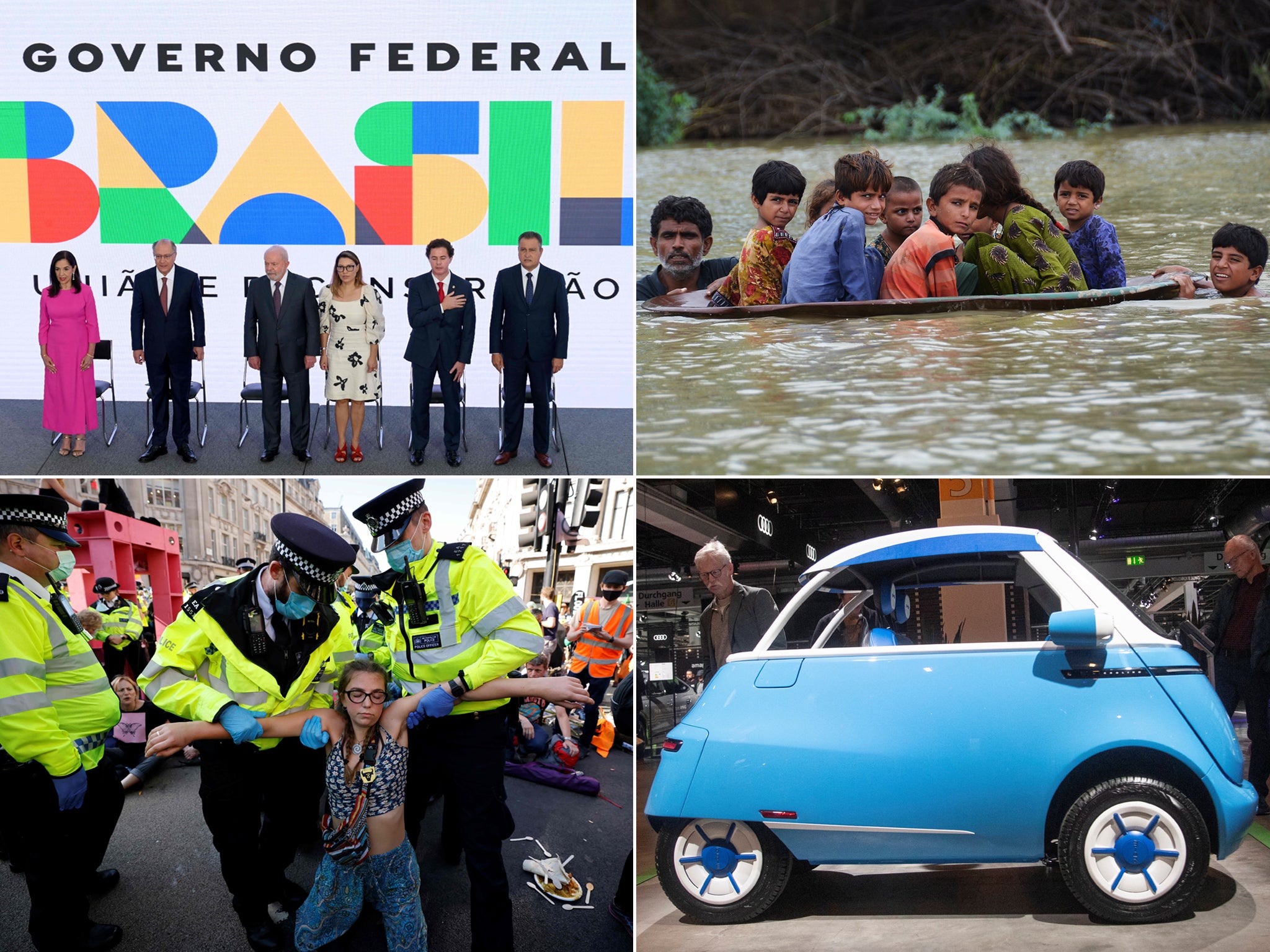 Clockwise from top left: The inauguration of Brazil’s new leader ‘Lula’; children being taken to safety during Pakistan’s floods, an Extinction Rebellion protester removed by police and a prototype of a new electric vehicle. What will 2023 have in store for the climate crisis?
