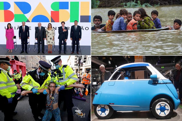 <p>Clockwise from top left: The inauguration of Brazil’s new leader ‘Lula’; children being taken to safety during Pakistan’s floods, an Extinction Rebellion protester removed by police and a prototype of a new electric vehicle. What will 2023 have in store for the climate crisis? </p>