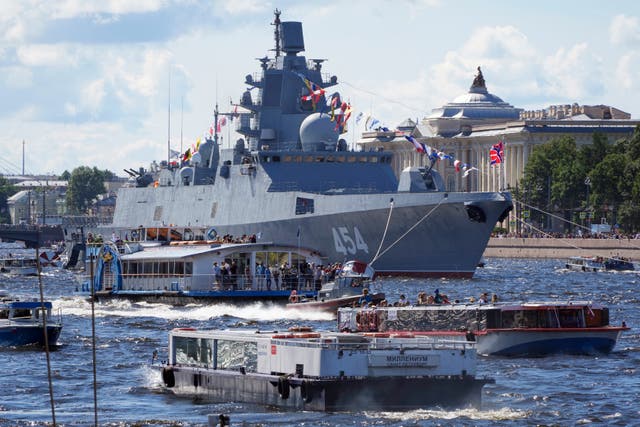 <p>The Russian frigate ‘Admiral Gorshkov’ before it was deployed on its current mission </p>