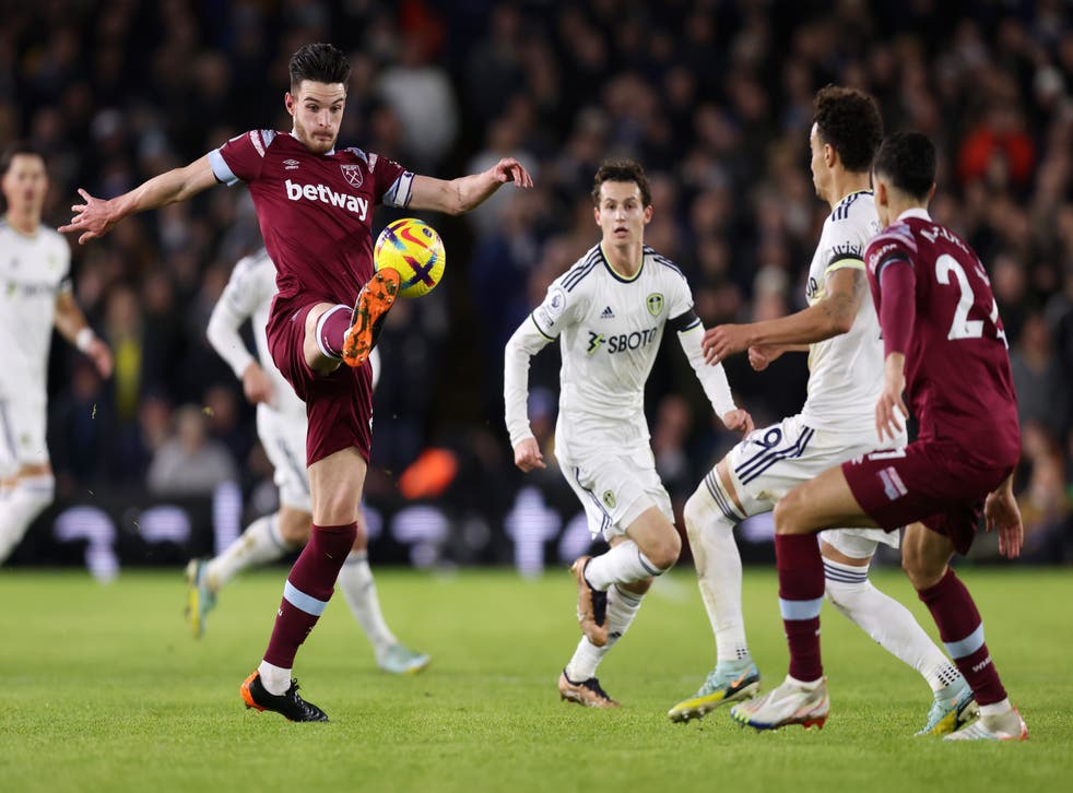 <p>Declan Rice on the ball in midfield for West Ham</p>
