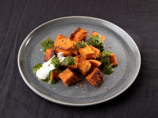 <p>Add a protein to these roast sweet potatoes with chermoula to turn it into a delicious supper </p>