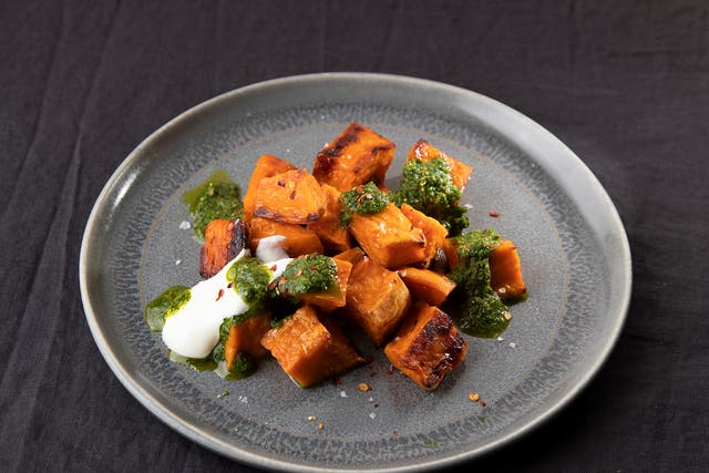 <p>Add a protein to these roast sweet potatoes with chermoula to turn it into a delicious supper </p>