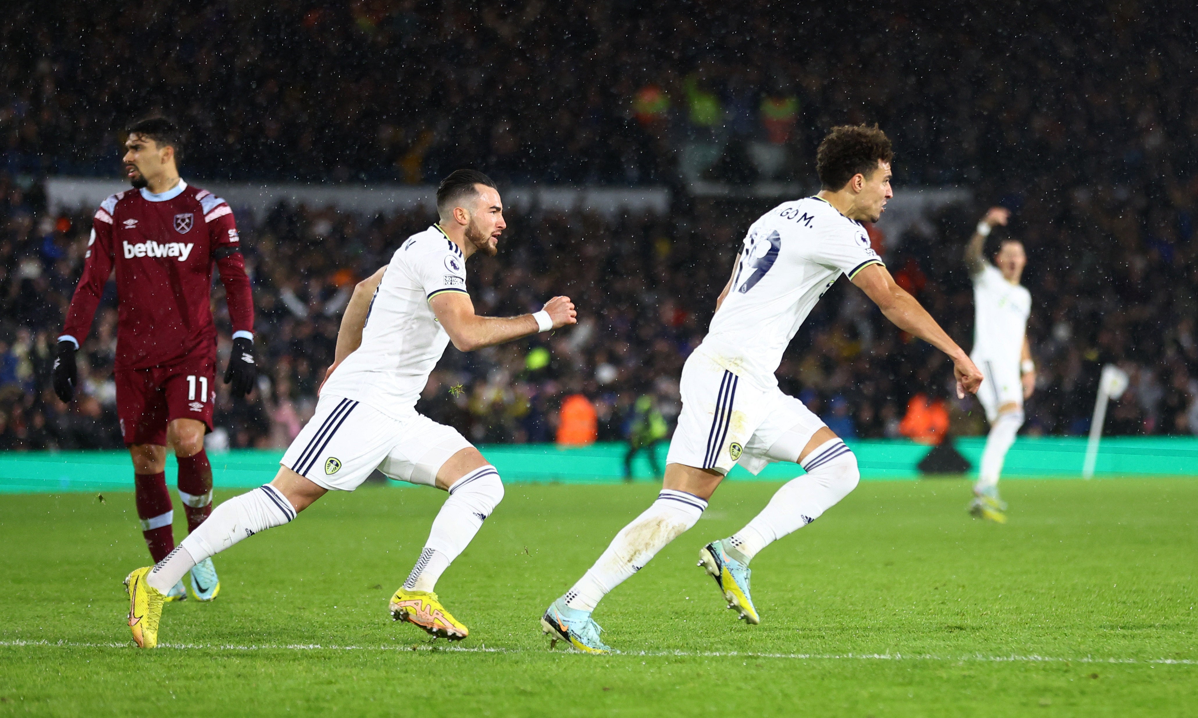 Leeds celebrate their late equaliser against West Ham