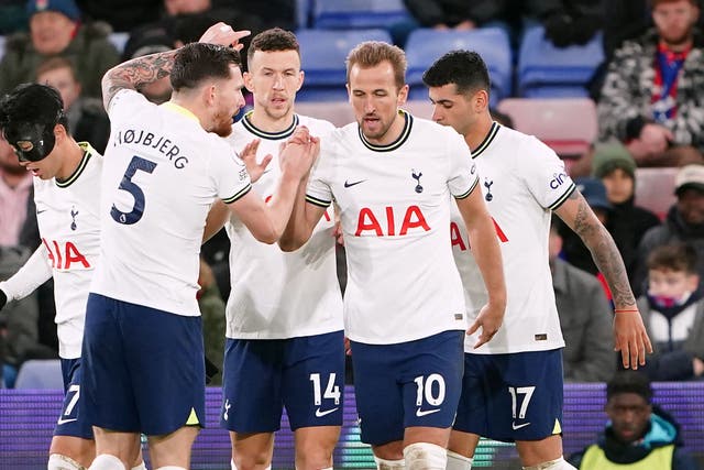 Tottenham Hotspur’s Harry Kane (second right) celebrates scoring their side’s first goal of the game with team-mates during the Premier League match at Selhurst Park, London. Picture date: Wednesday January 4, 2023.