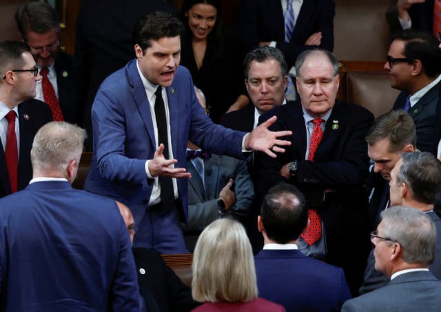 <p>Matt Gaetz passionately addresses other conservative Republican members of the House in the middle of the House Chamber after a fourth round of voting still failed to elect US House Republican Leader Kevin McCarthy as new Speaker of the House</p>