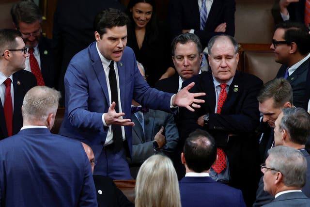 <p>Matt Gaetz passionately addresses other conservative Republican members of the House in the middle of the House Chamber after a fourth round of voting still failed to elect US House Republican Leader Kevin McCarthy as new Speaker of the House</p>